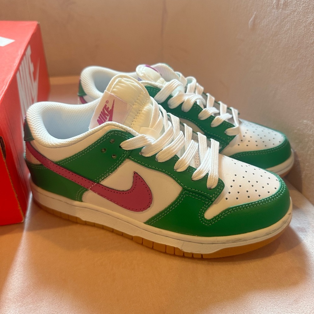 Green and purple Nike dunks